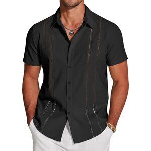 Men's Black Short Sleeve Knit Shirt Casual Button Down Shirt Vintage Beach Tops